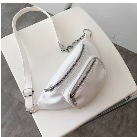 Fanny pack bag crossbody waist adjustable 2 pocket zipper chain bags white black - Picture 2 of 13